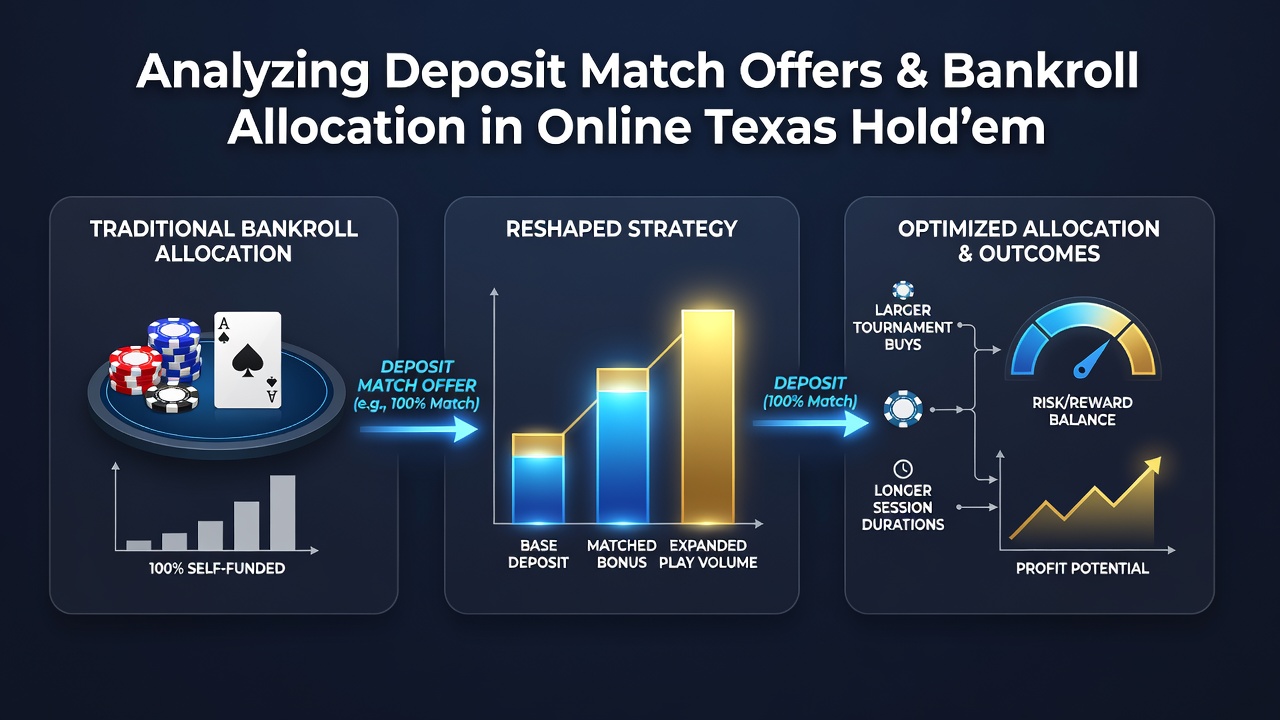 Players reviewing deposit match promotions on poker platforms during tournament preparation