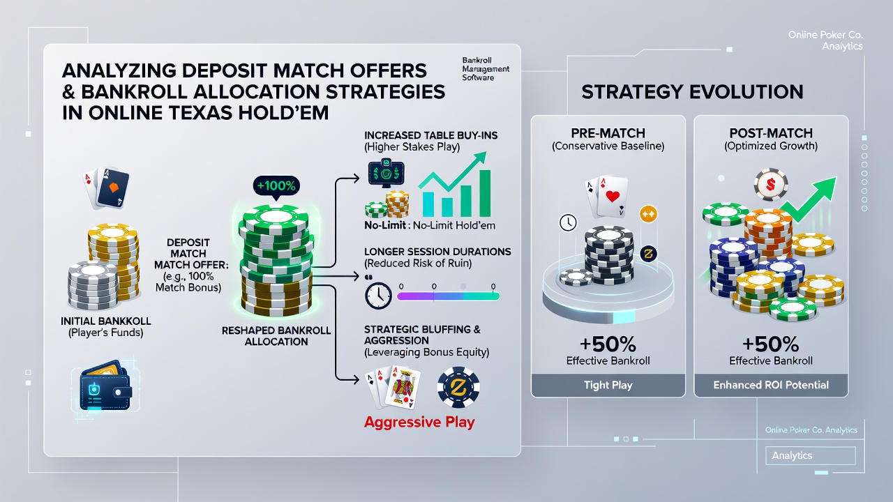 Texas Hold'em tournament screen displaying bankroll metrics and bonus balance tracking