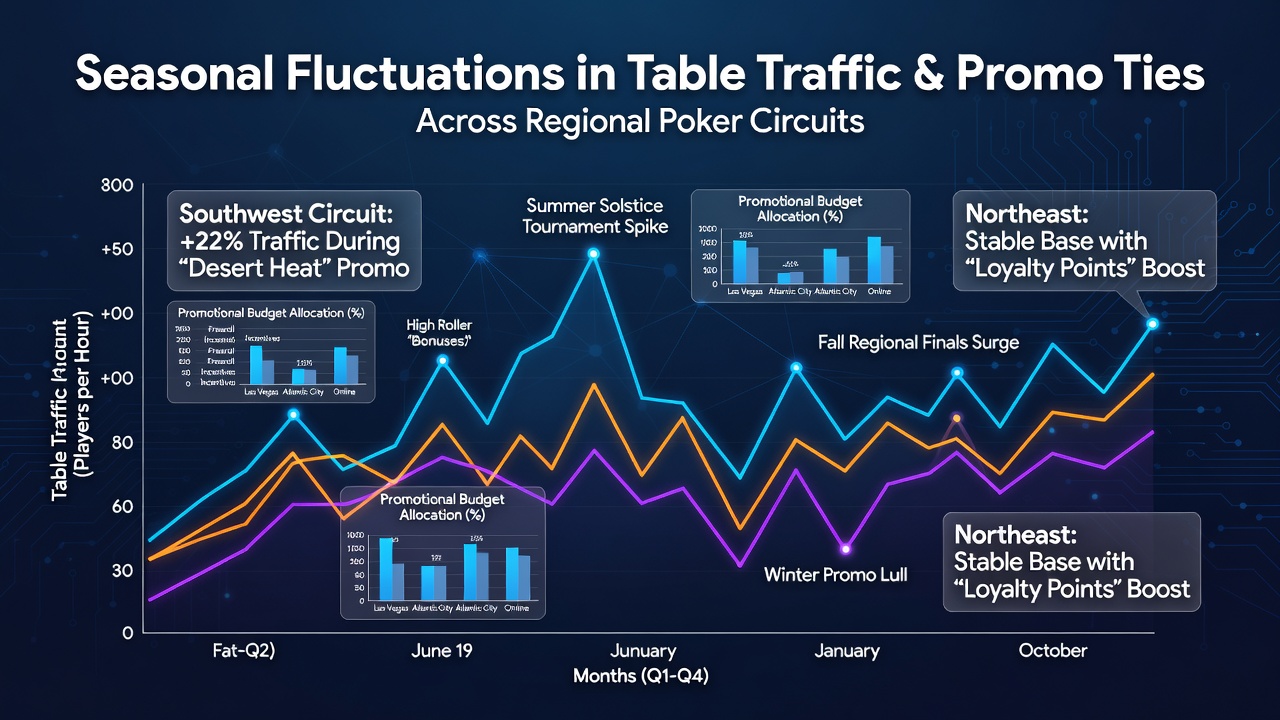 Regional poker tables showing varying player traffic levels during different seasons with promotional banners visible