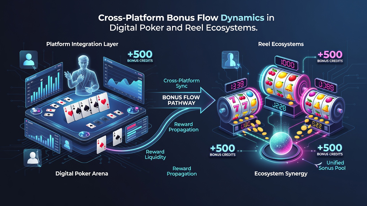 Analytics dashboard showing bonus flow metrics between poker and reel sections in a digital casino interface