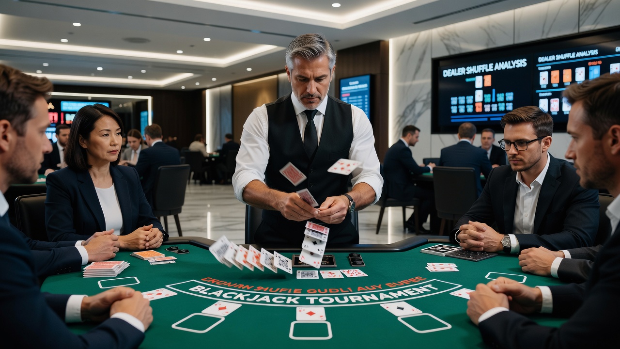 Close-up of dealer hands executing a strip shuffle on a blackjack shoe in a tournament environment
