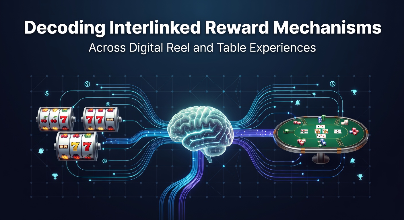 Digital interface showing interconnected slot reels and blackjack table with reward overlays in an online casino platform