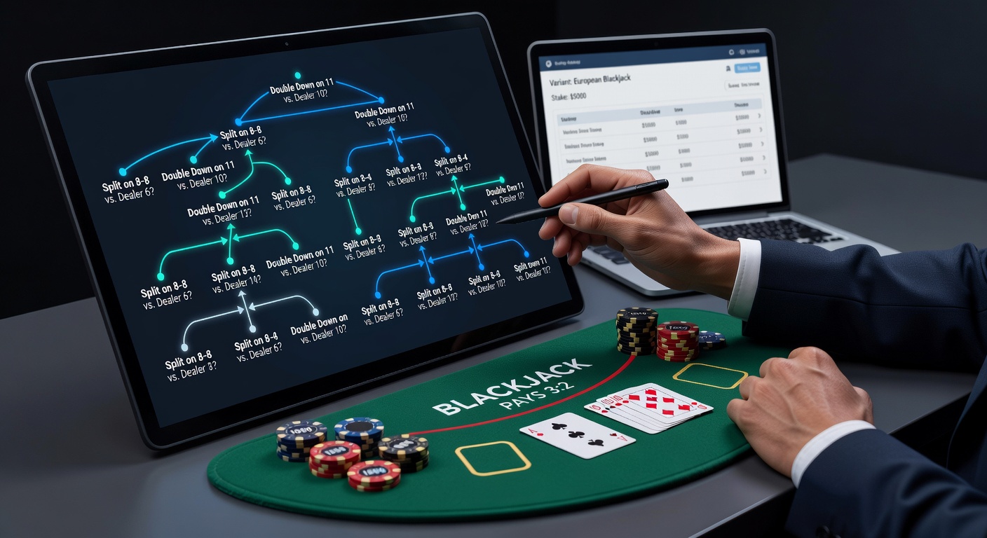 Digital blackjack interface displaying strategy decision paths on a high-stakes online platform