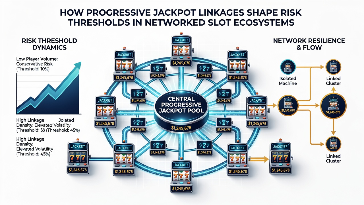 Data visualizations showing volatility curves and jackpot contribution rates across linked slot networks