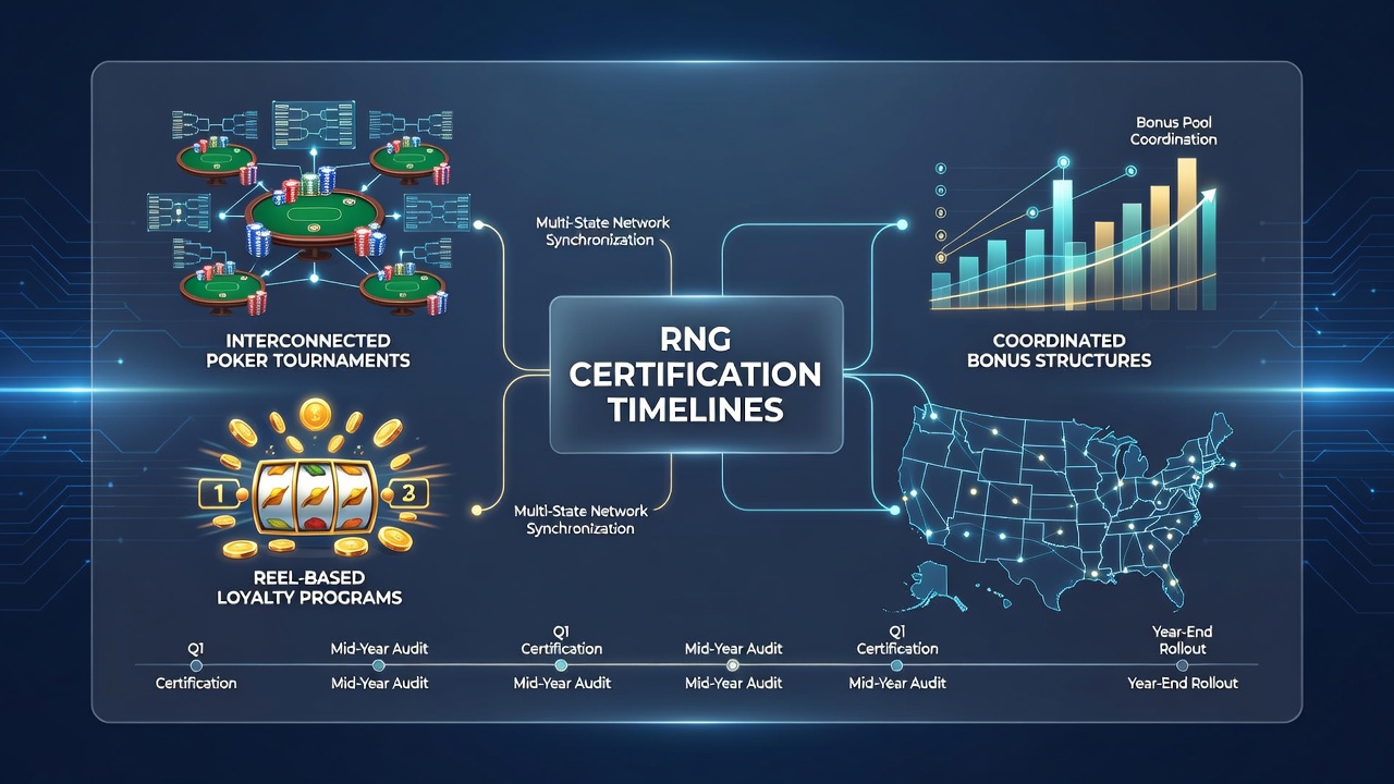 RNG certification process overview showing testing labs and multi-state network diagrams