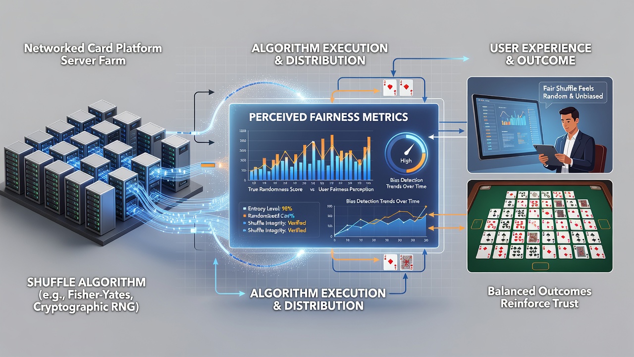 Players reviewing shuffle certification reports on a networked gaming dashboard