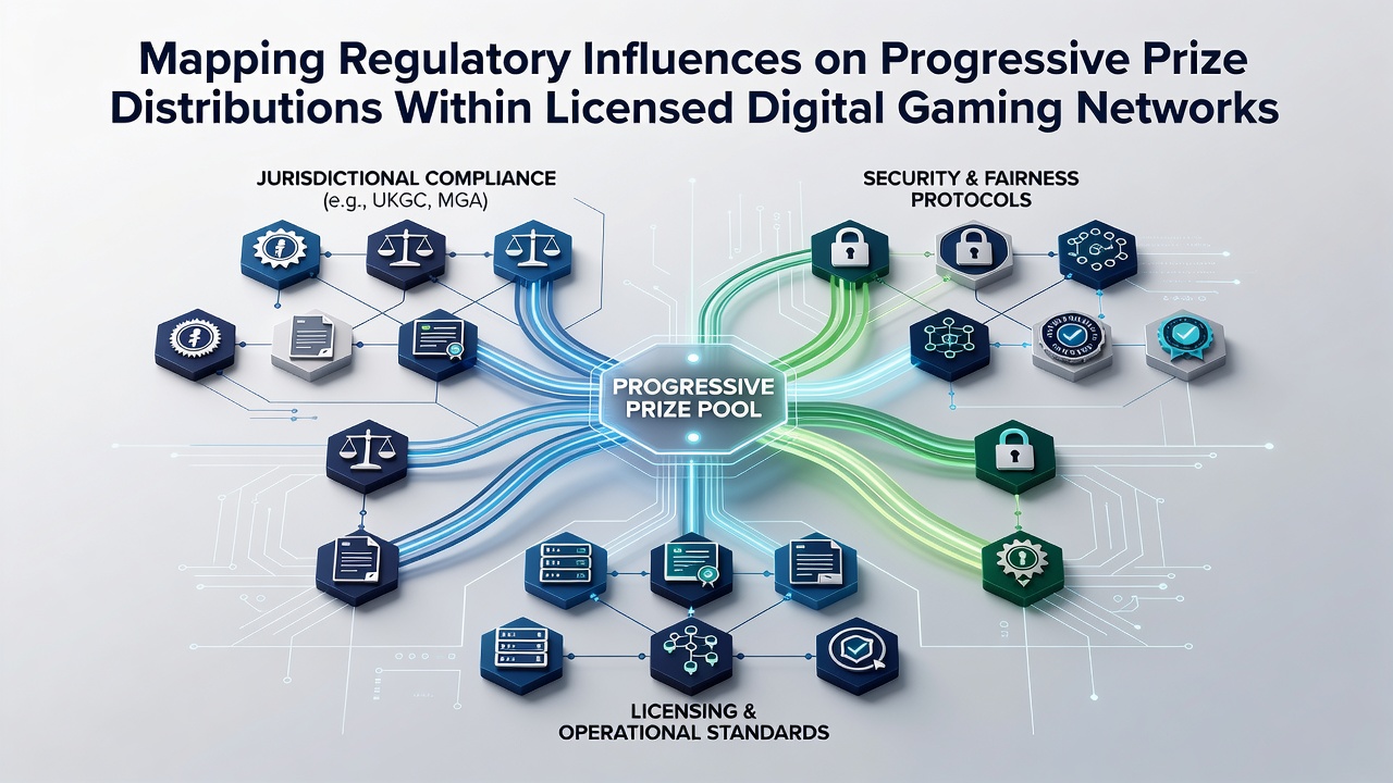 Digital dashboard displaying mapped regulatory controls on progressive prize flows in interconnected gaming networks