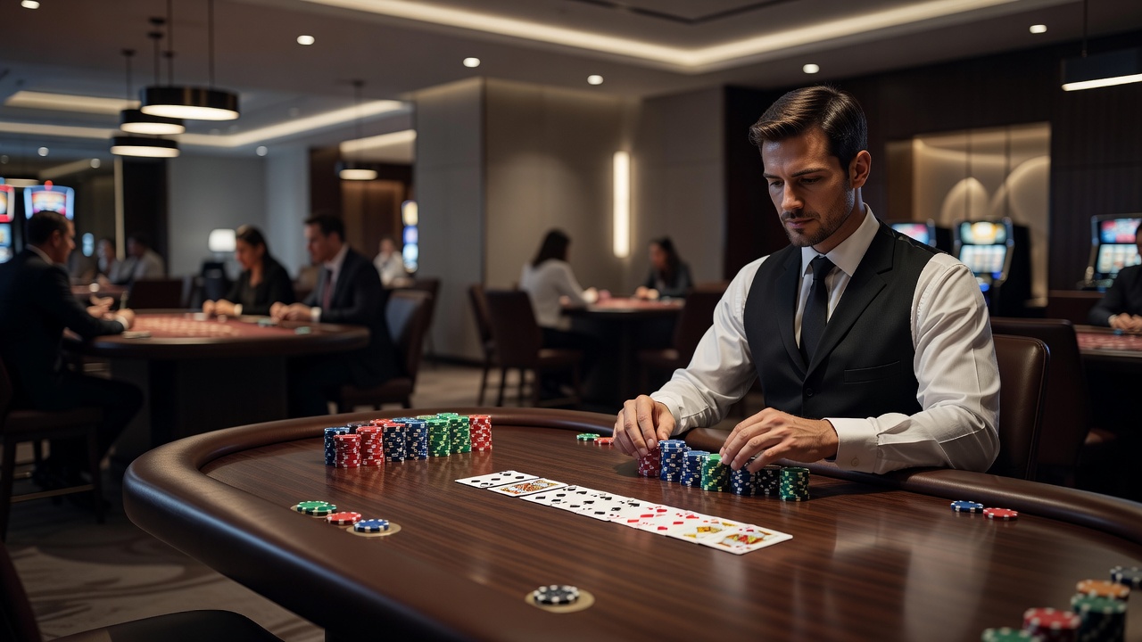 Casino gaming floor with integrated poker room during evening hours