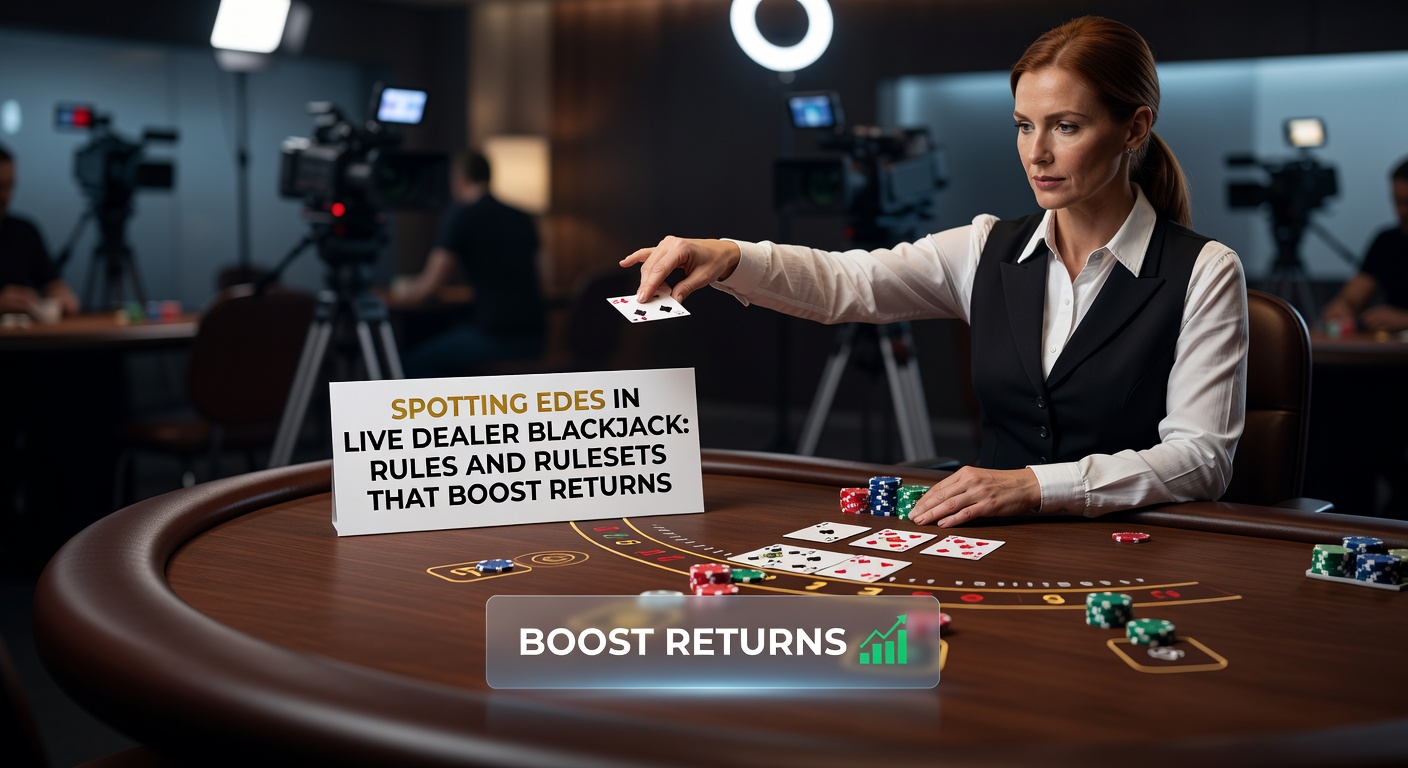 Live dealer blackjack table with cards and chips under studio lights, showing dealer interacting with virtual players