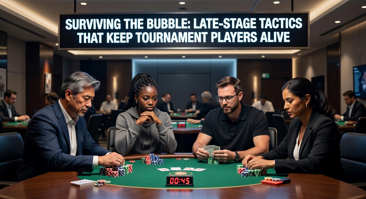 Intense poker tournament bubble moment with players deep in concentration around a tense table