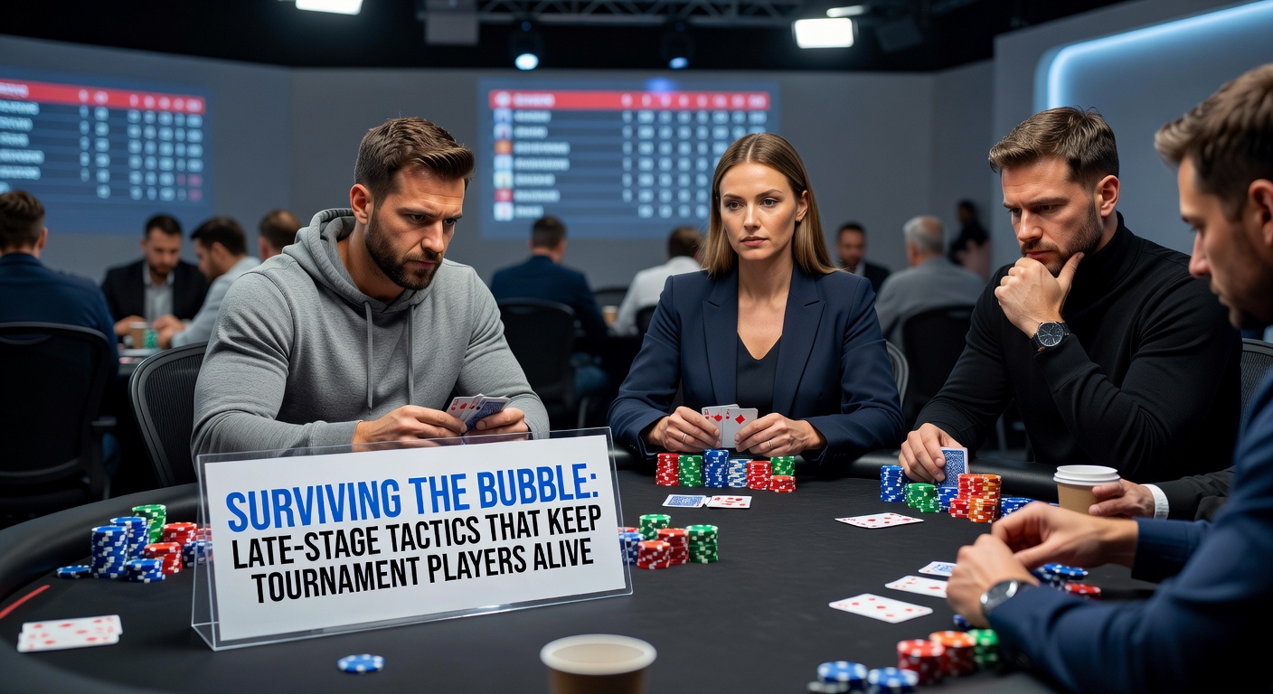 Poker chart displaying bubble push-fold ranges with ICM adjustments overlaid on a tournament table graphic