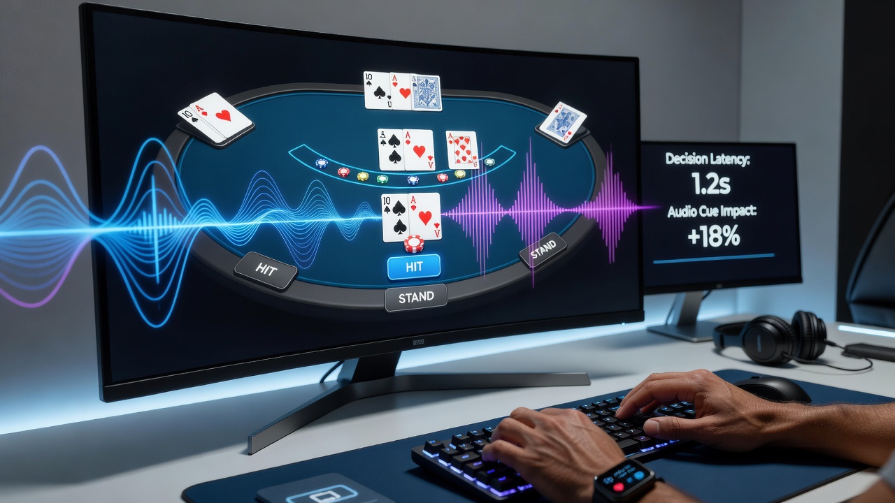 Close-up of digital blackjack screen highlighting audio feedback during a decision moment