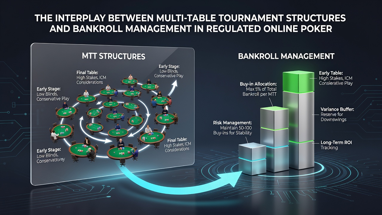 Bankroll tracking interface showing multi-table tournament entries and variance metrics